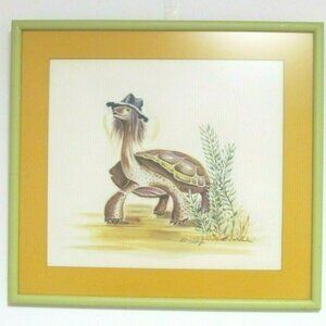 Anthropomorphic Hippie Tortoise Art Print Signed RO Sielaff Framed 13" x 14.75"
